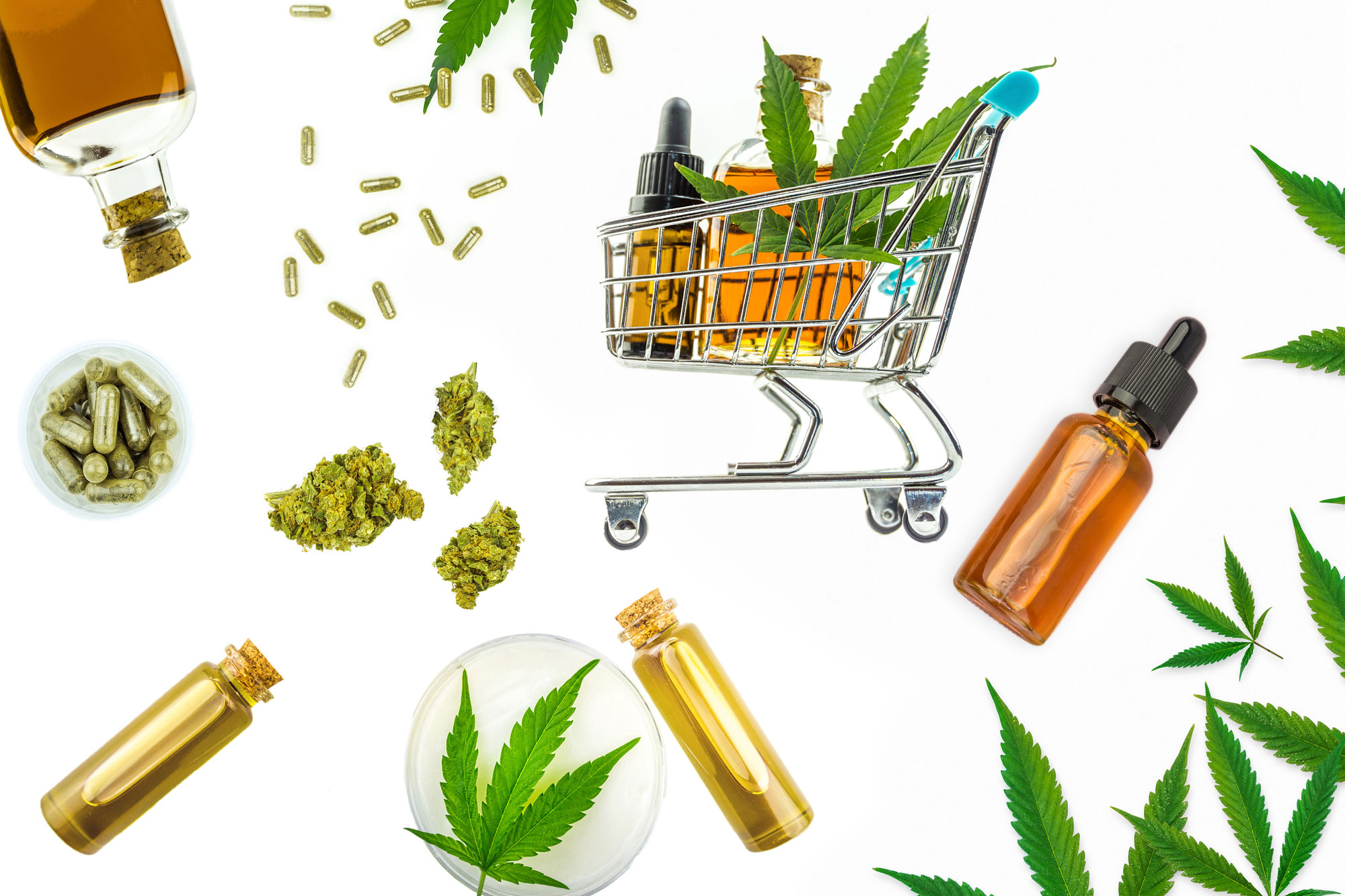 marijuana leaves, flowers, concentrates, oils, inside a push cart